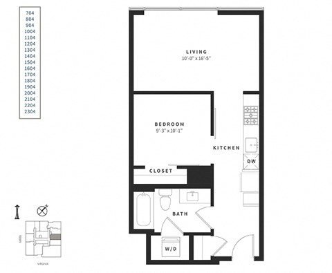 Floor plan for studio, 1 bath, 569 sqft